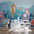 Whimsical Seahorse Garden Mural Wallpaper — Soft Pastel Marine Scene Mural Wallpaper - pure wallpaper artwork
