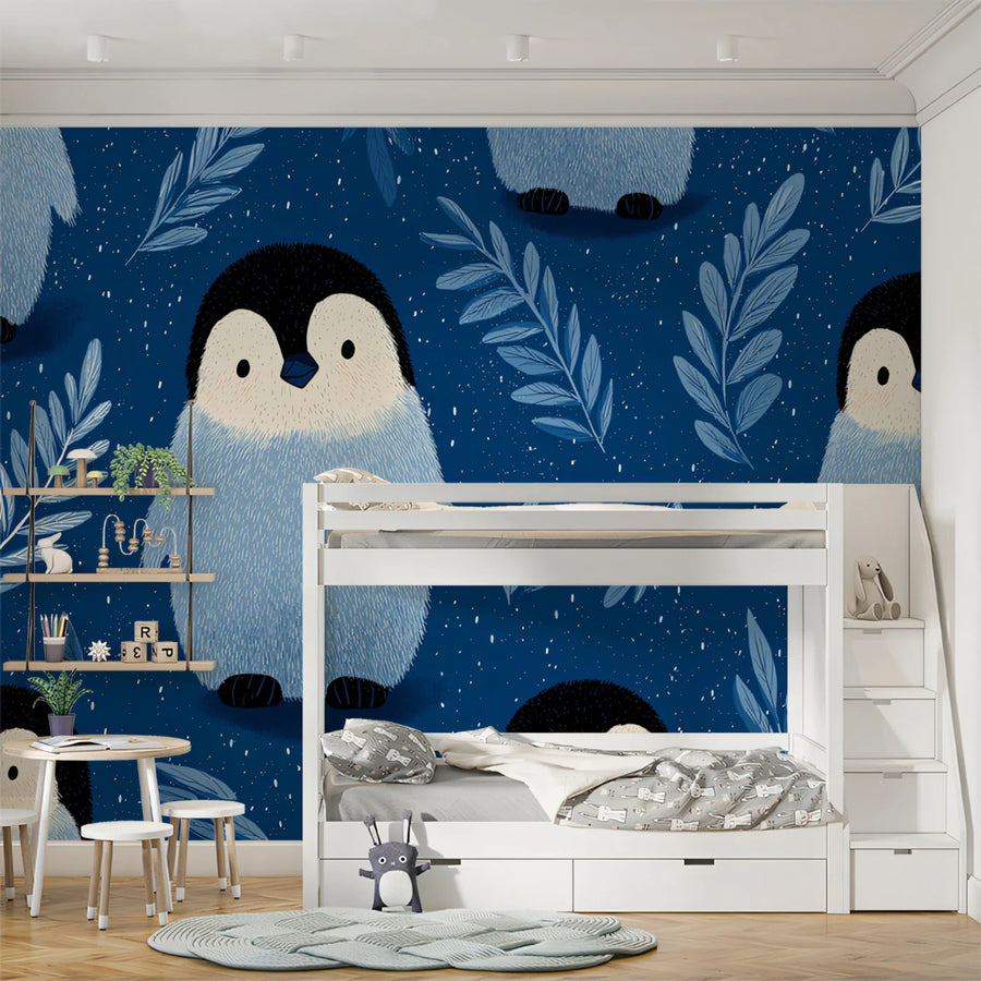 Baby Penguin Sketch Mural Wallpaper — Whimsical Navy Blue Design Mural Wallpaper