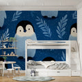 Baby Penguin Sketch Mural Wallpaper — Whimsical Navy Blue Design Mural Wallpaper - pure wallpaper artwork