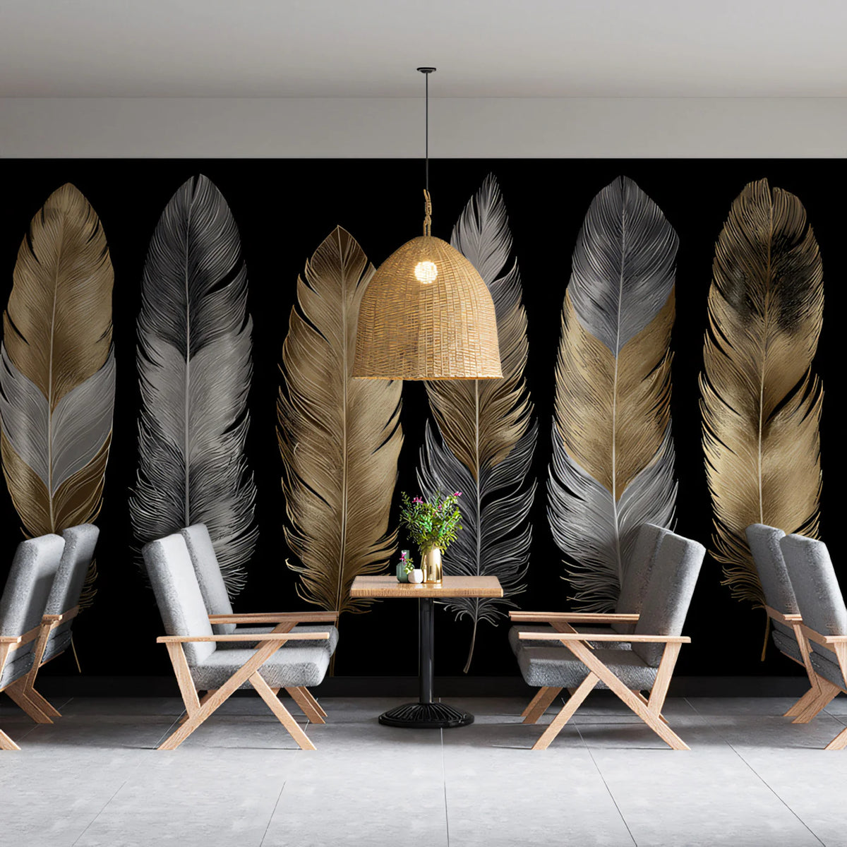 Metallic Feather Mural Wallpaper — Modern Gold and Silver Decor Mural Wallpaper - pure wallpaper artwork