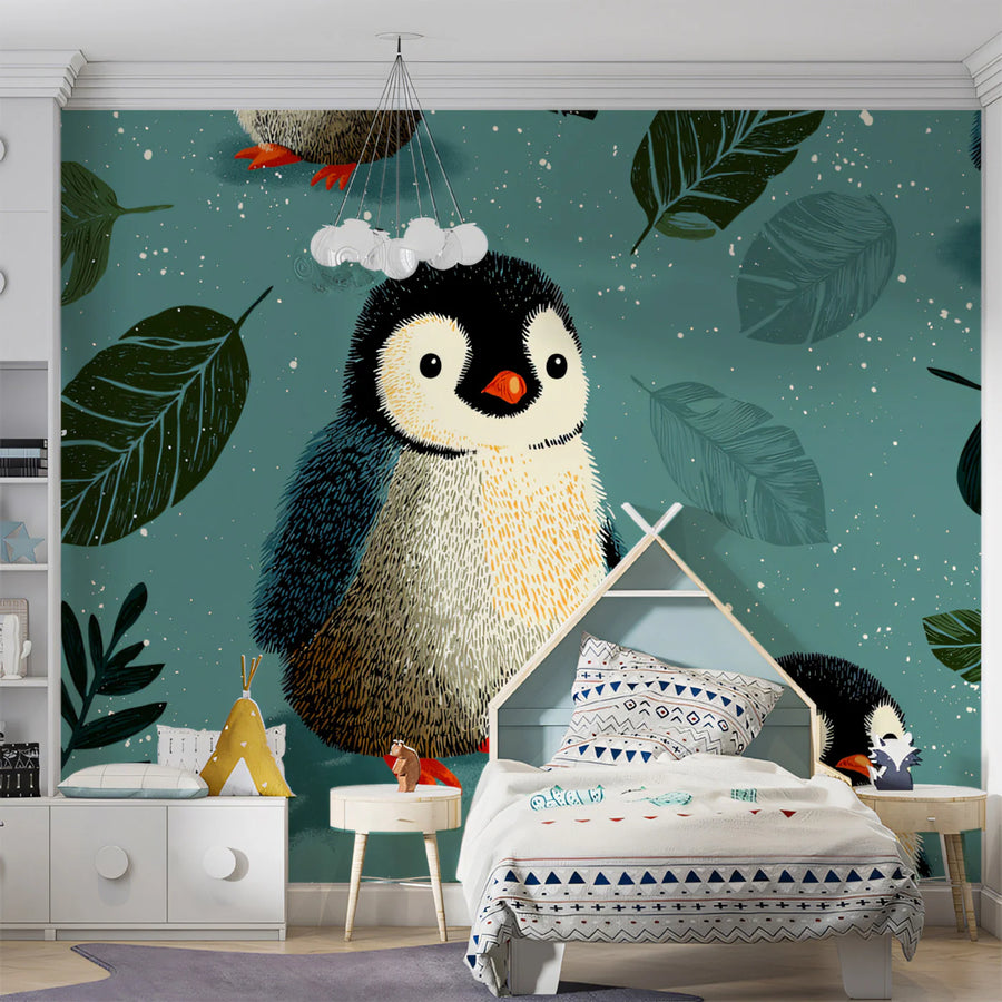 Baby Penguin Leaf Mural Wallpaper —Whimsical Arctic Pattern Mural Wallpaper