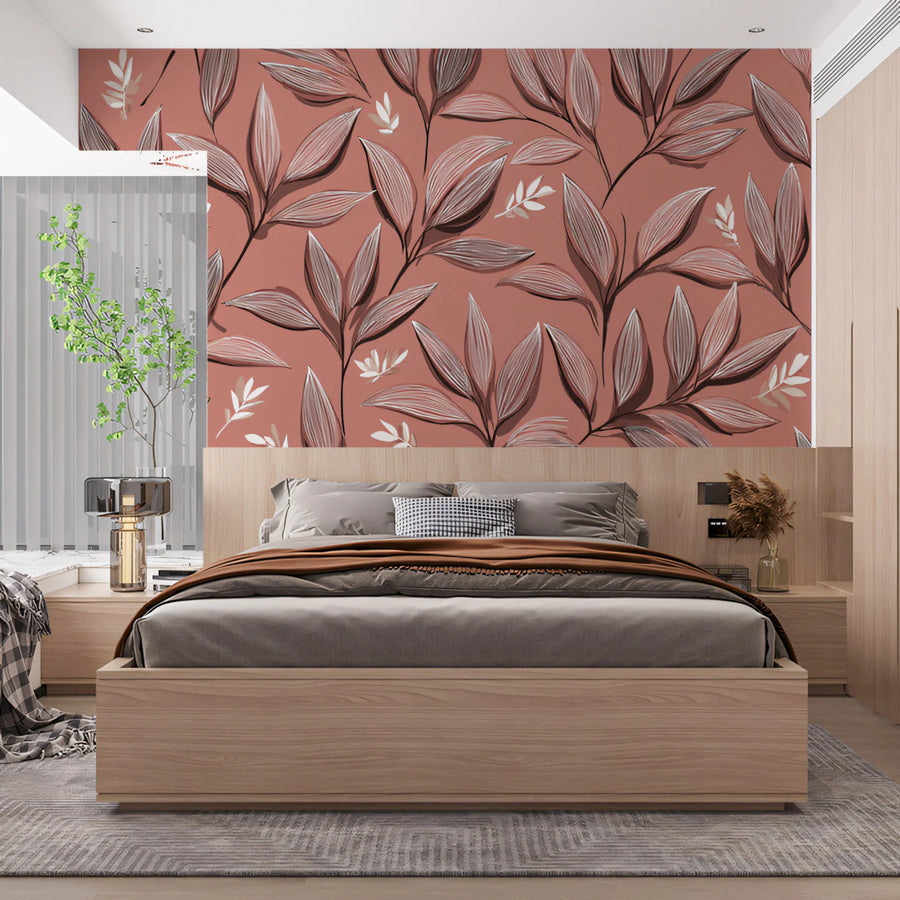 Dusty Rose Botanical Mural Wallpaper with Intricate Leaf Line Art Mural Wallpaper