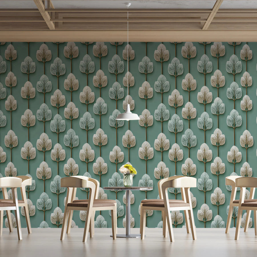 Stylized Botanical Mural Wallpaper — Teal Leaf Grid Pattern Mural Wallpaper