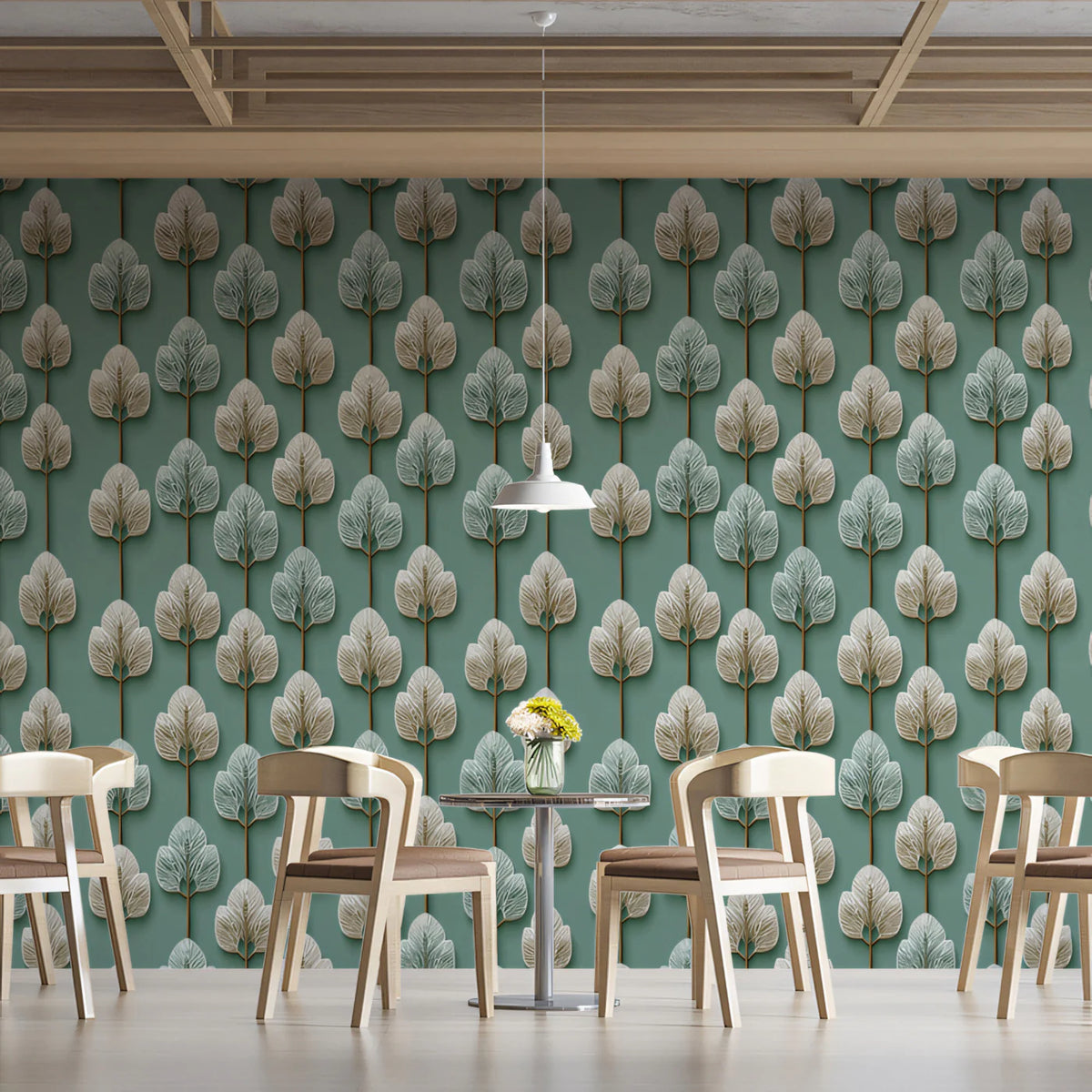 Stylized Botanical Mural Wallpaper — Teal Leaf Grid Pattern Mural Wallpaper - pure wallpaper artwork