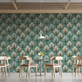 Stylized Botanical Mural Wallpaper — Teal Leaf Grid Pattern Mural Wallpaper - pure wallpaper artwork