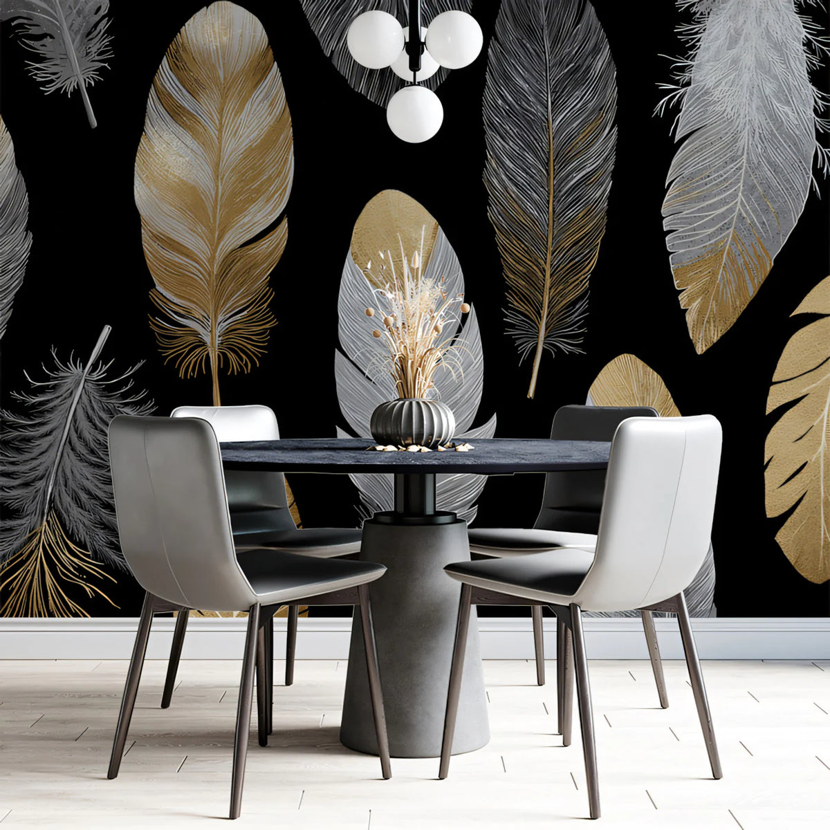 Metallic Feather Mural Wallpaper — Gold and Silver on Black Mural Wallpaper - pure wallpaper artwork
