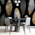 Metallic Feather Mural Wallpaper — Gold and Silver on Black Mural Wallpaper - pure wallpaper artwork
