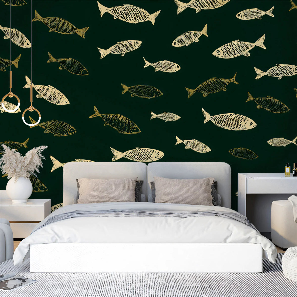 Vintage Fish Sketch Mural Wallpaper —Deep Green Nautical Design Mural Wallpaper - pure wallpaper artwork