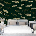 Vintage Fish Sketch Mural Wallpaper —Deep Green Nautical Design Mural Wallpaper - pure wallpaper artwork