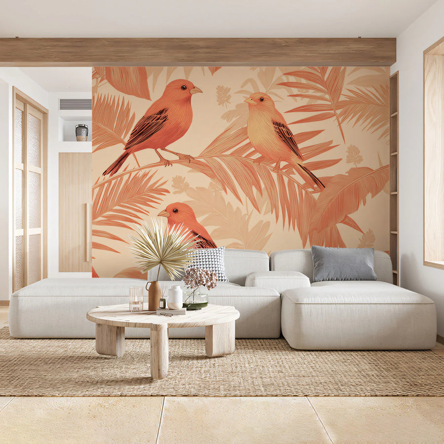 Classic Tropical Birds Mural Wallpaper Warm Coral & Green Print Mural Wallpaper