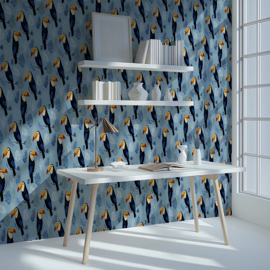 Tropical Toucan Garden Mural Wallpaper —Playful Blue Bird Pattern Mural Wallpaper