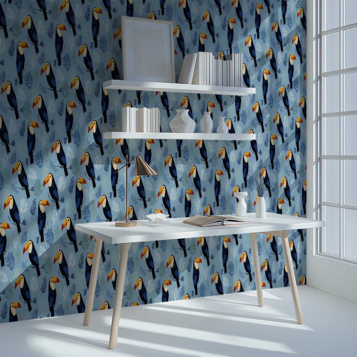 Tropical Toucan Garden Mural Wallpaper —Playful Blue Bird Pattern Mural Wallpaper - pure wallpaper artwork