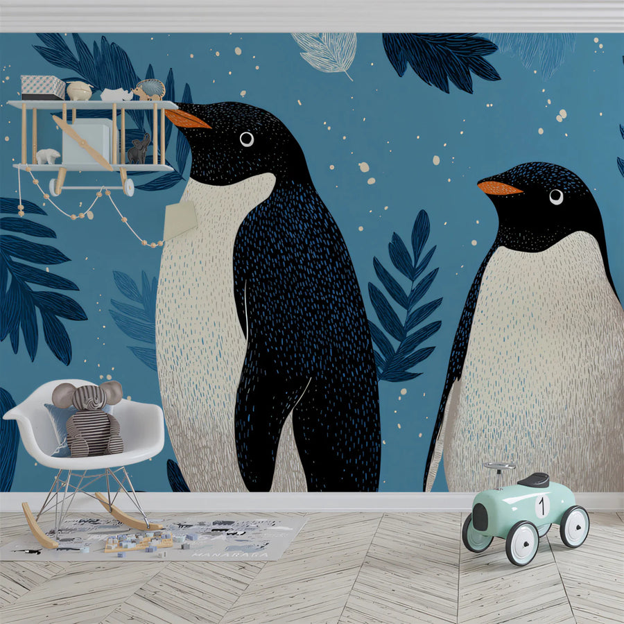 Adelie Penguin Duo Mural Wallpaper — Whimsical Blue Botanical Mural Wallpaper