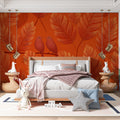 Rust Botanical Feather Mural Wallpaper with Perched Songbirds Mural Wallpaper - pure wallpaper artwork