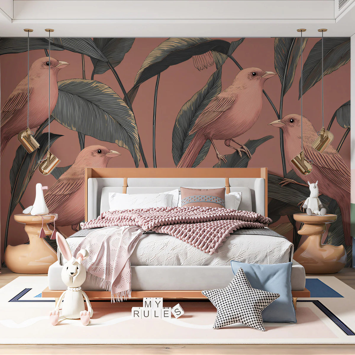 Birds and Foliage Botanical Mural Wallpaper in Dusty Rose Mural Wallpaper - pure wallpaper artwork