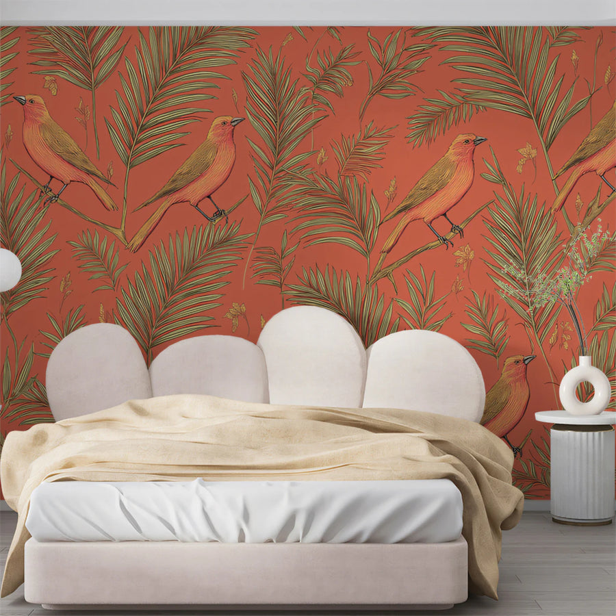 Classic Tropical Birds Mural Wallpaper Warm Coral & Green Print Mural Wallpaper