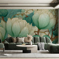Botanical Lotus Line Art Mural Wallpaper — Soft Teal and Cream Mural Wallpaper - pure wallpaper artwork