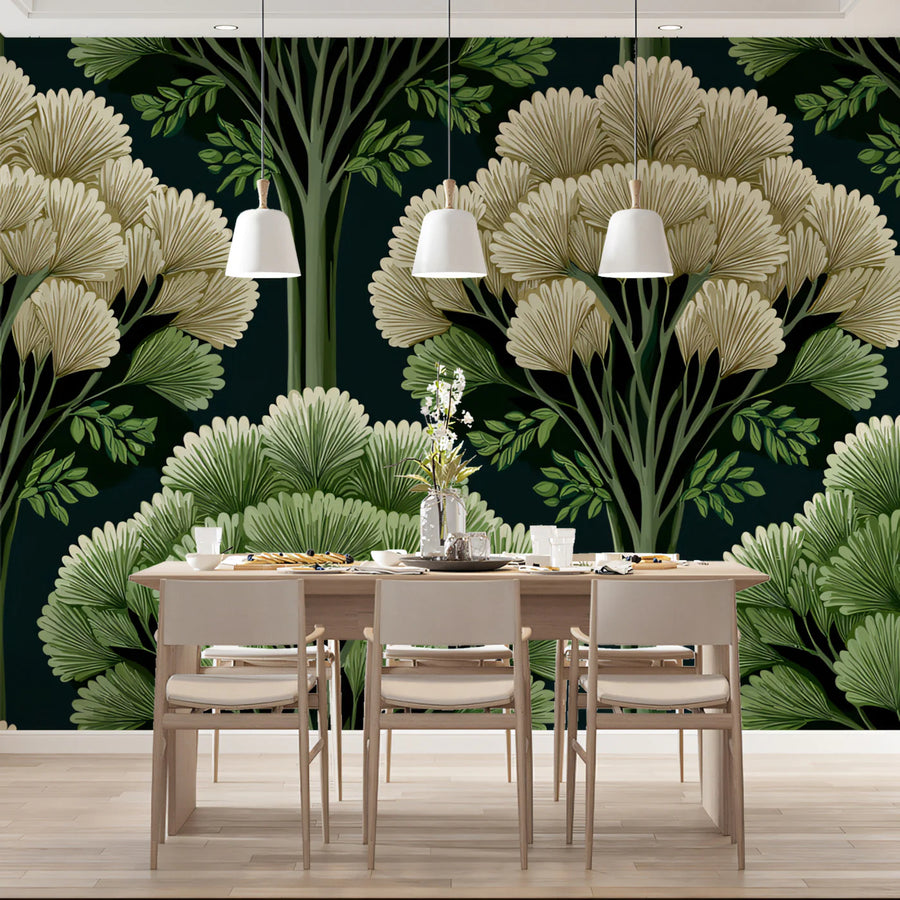 Art Deco Forest Mural Wallpaper — Stylized Botanical Fan Motif Mural Wallpaper