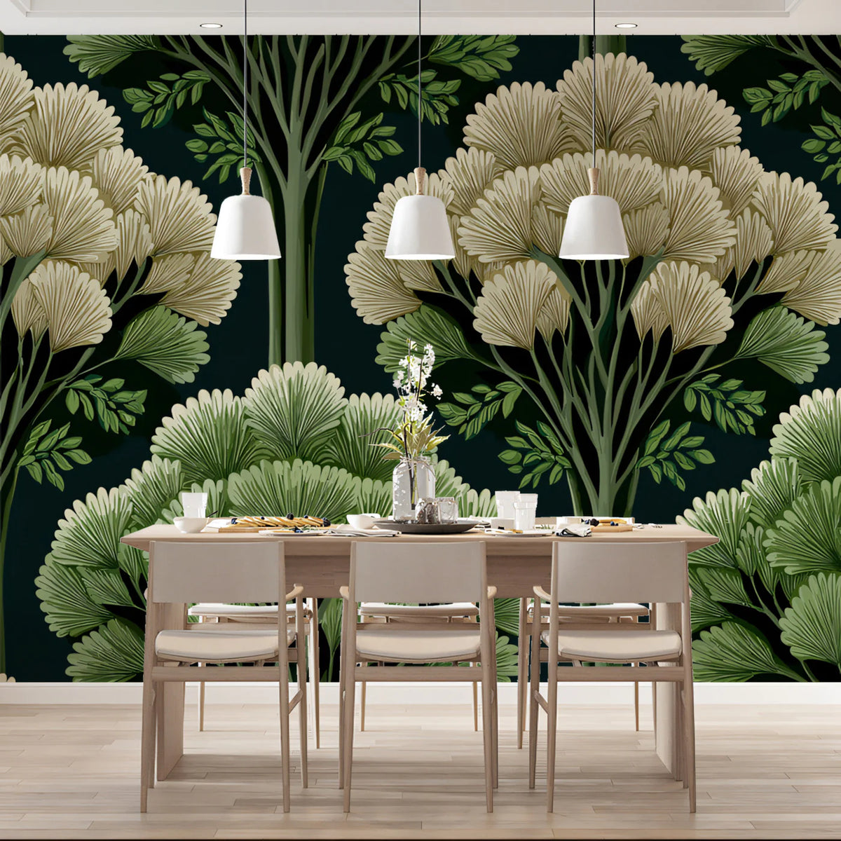Art Deco Forest Mural Wallpaper — Stylized Botanical Fan Motif Mural Wallpaper - pure wallpaper artwork