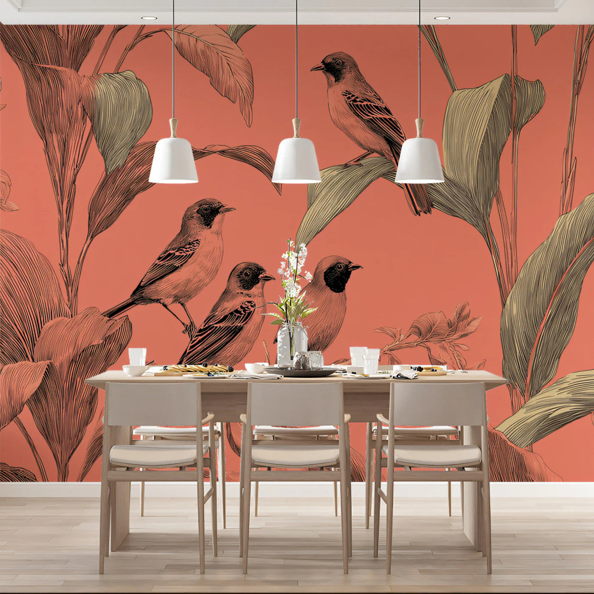 Tropical Bird and Botanical Mural Wallpaper — Coral & Sage Print Mural Wallpaper - pure wallpaper artwork