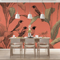 Tropical Bird and Botanical Mural Wallpaper — Coral & Sage Print Mural Wallpaper - pure wallpaper artwork