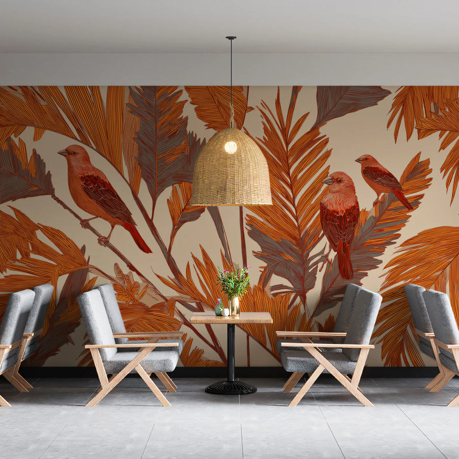 Rust Tropical Bird Mural Wallpaper — Warm Botanical Design Mural Wallpaper