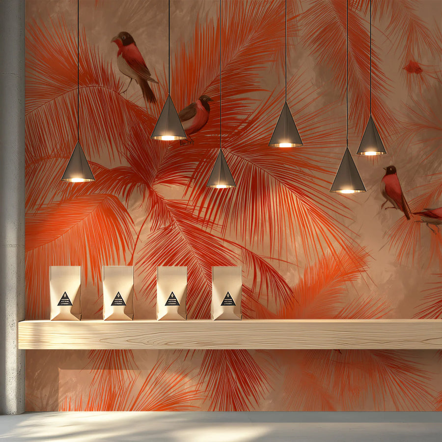 Tropical Palm and Finch Mural Wallpaper — Sunset Coral Palette Mural Wallpaper