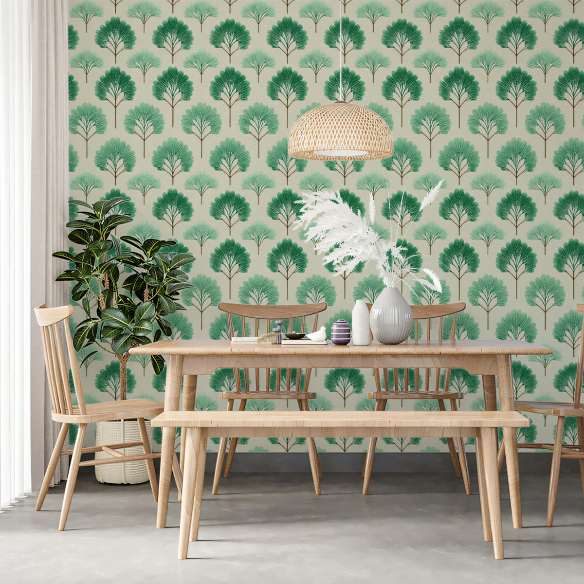 Stylized Forest Grid Mural Wallpaper — Minimalist Nature Print Mural Wallpaper - pure wallpaper artwork
