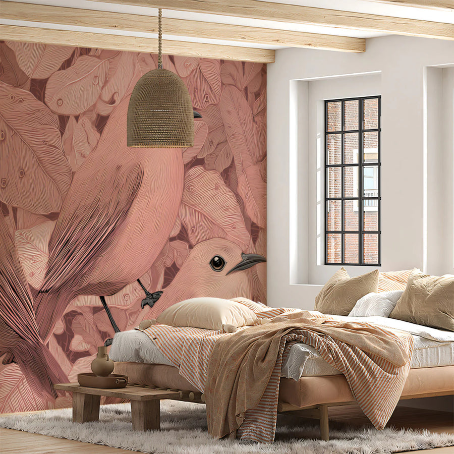 Rustic Songbird Mural Wallpaper — Soft Rose Botanical Pattern Mural Wallpaper