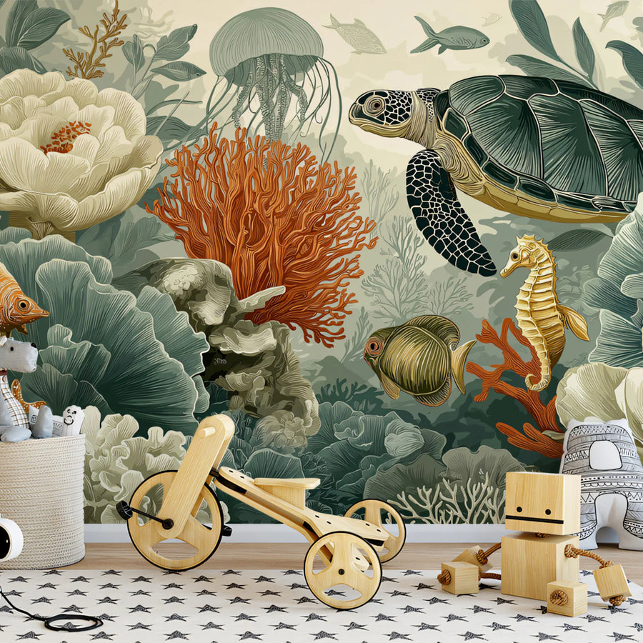 Underwater Botanical Coral Reef Mural Wallpaper for Coastal Spaces Mural Wallpaper