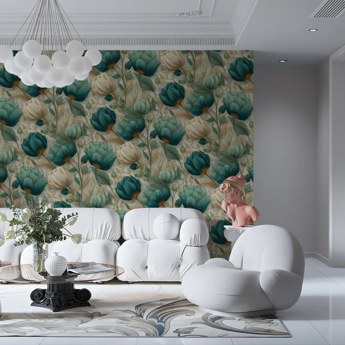 Teal and Cream Botanical Mural Wallpaper — Vintage Floral Style Mural Wallpaper - pure wallpaper artwork