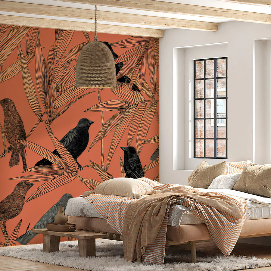 Birds and Bamboo Mural Wallpaper — Modern Terracotta and Black Mural Wallpaper
