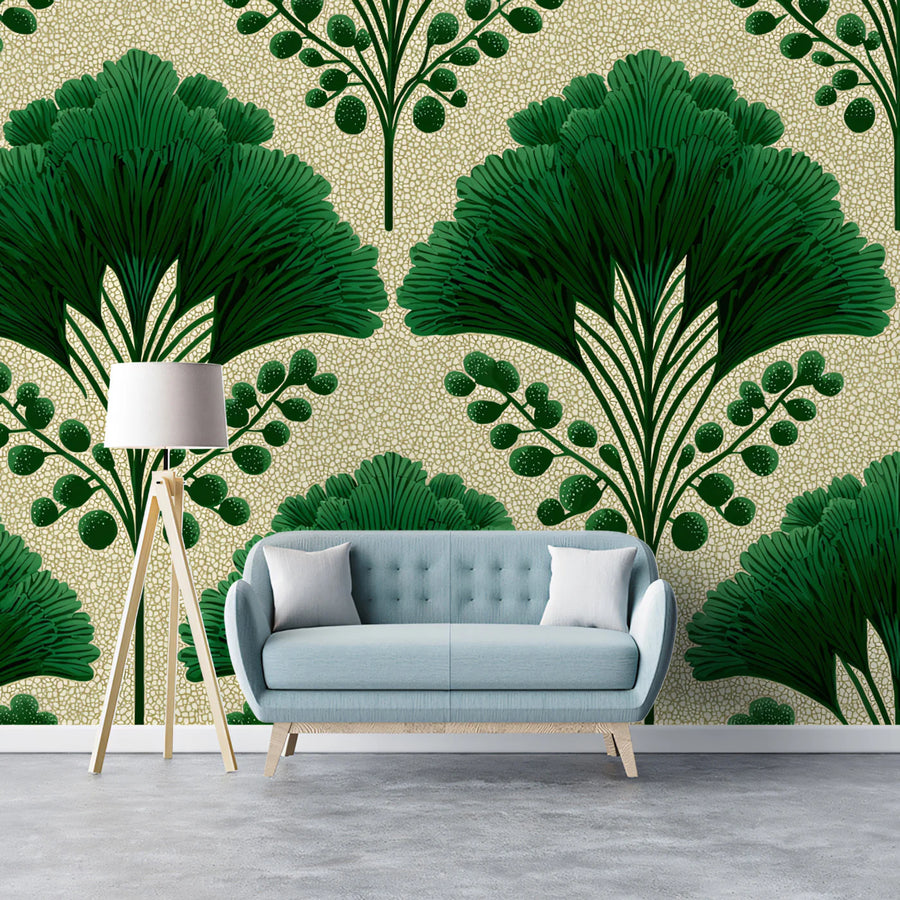 Gingko Fan Leaf Mural Wallpaper — Art Deco Botanical Pattern Mural Wallpaper