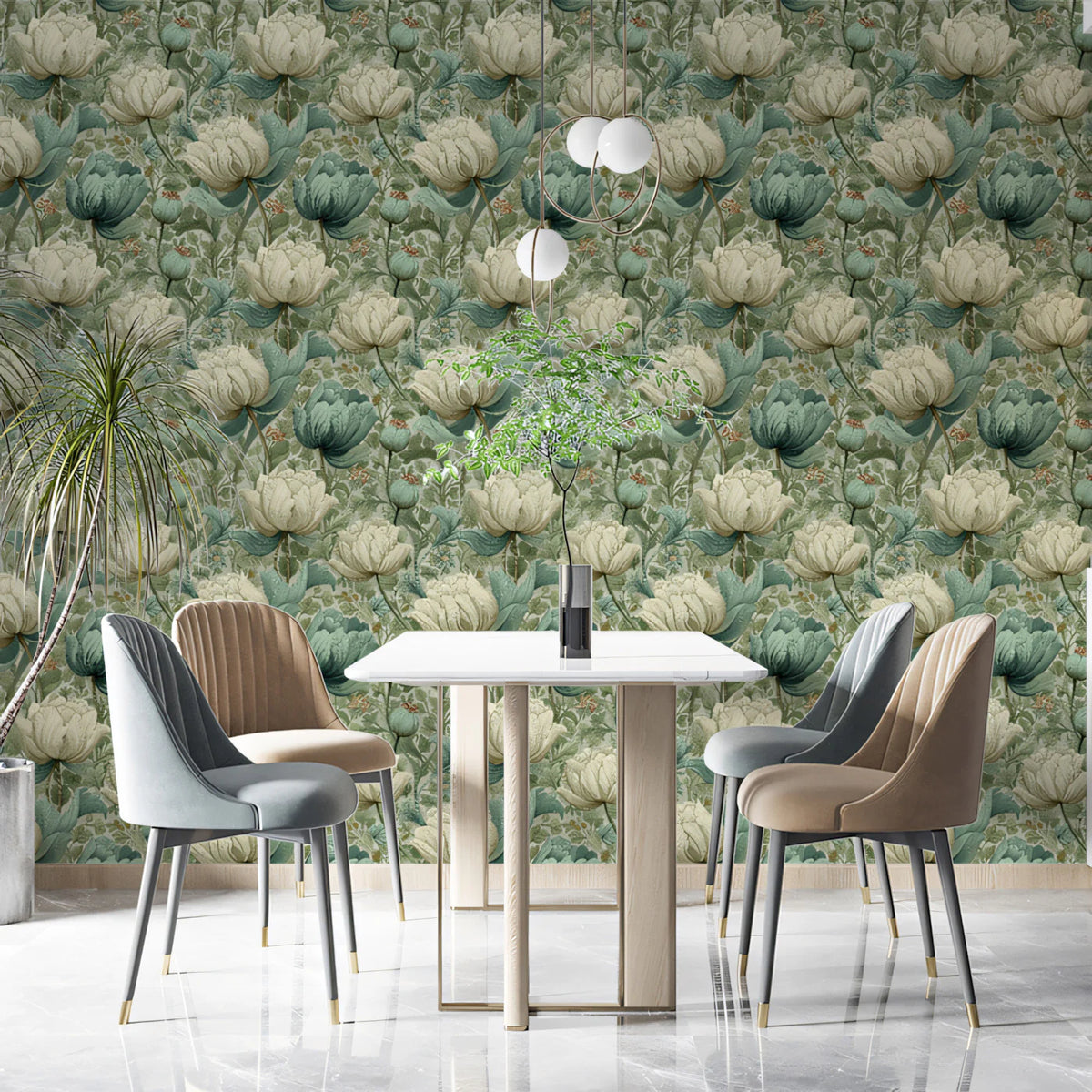 Vintage Peony Botanical Mural Wallpaper in Sage and Cream Mural Wallpaper - pure wallpaper artwork