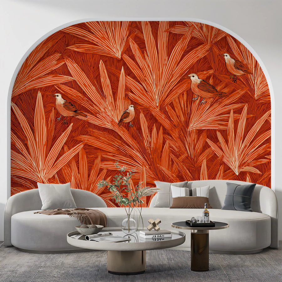 Rust Tropical Birds Mural Wallpaper — Bohemian Botanical Art Mural Wallpaper