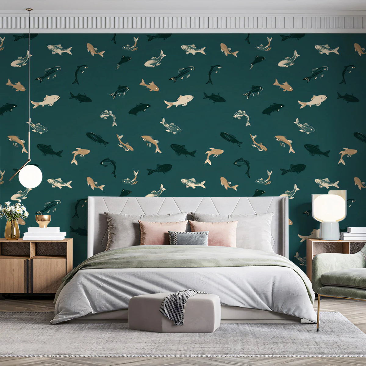 Minimalist Fish Mural Wallpaper — Deep Teal Aquatic Pattern Mural Wallpaper - pure wallpaper artwork