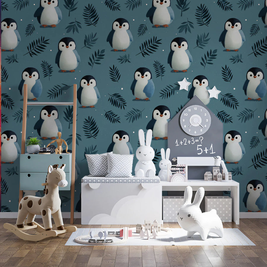 Cute Baby Penguin Mural Wallpaper Adorable Antarctic Pattern Mural Wallpaper