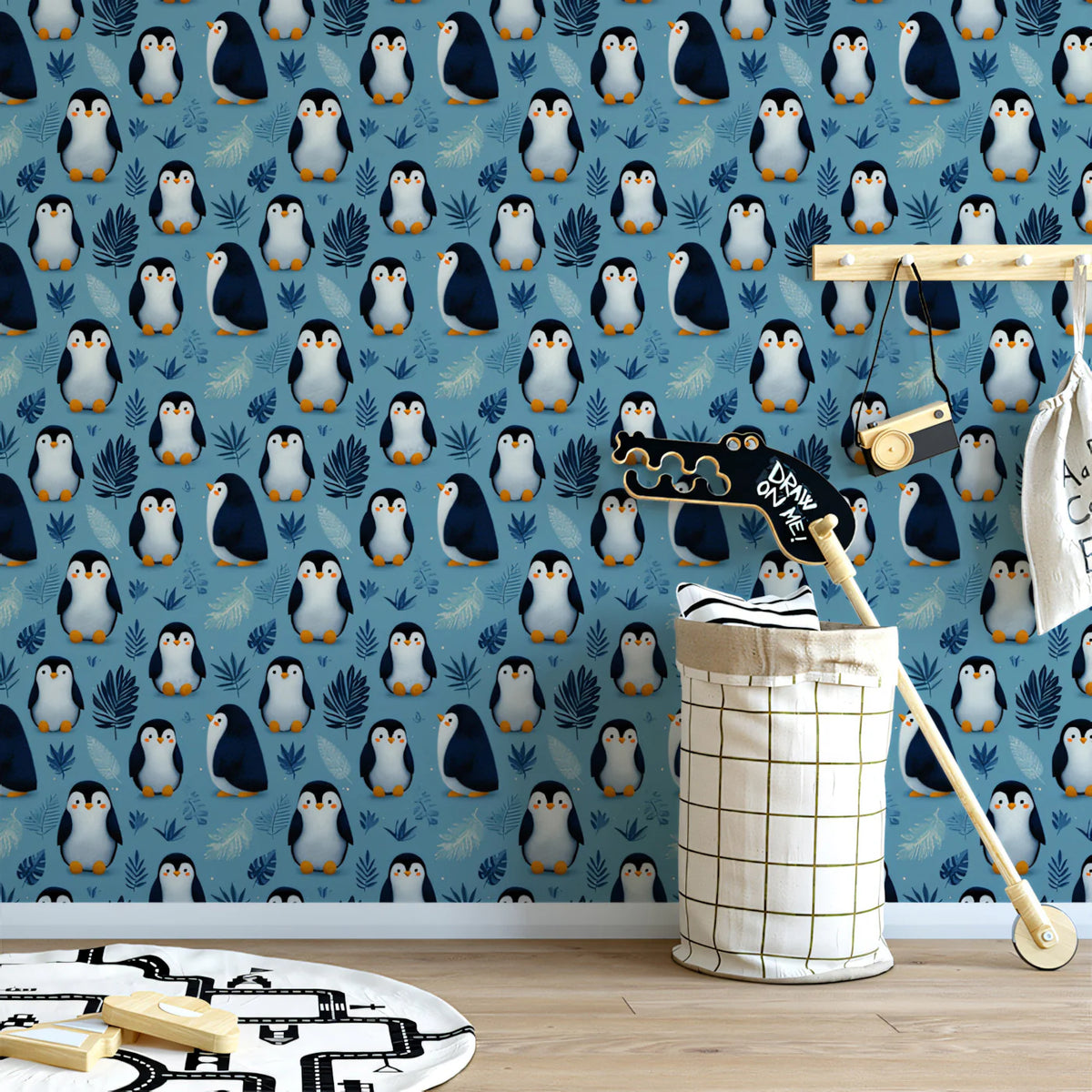 Charming Penguin Parade Mural Wallpaper in Soft Blue Mural Wallpaper - pure wallpaper artwork