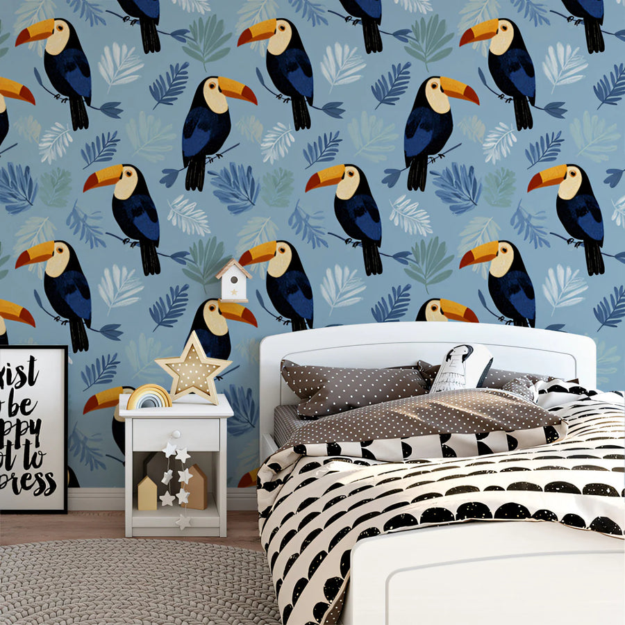 Tropical Toucan Mural Wallpaper —Whimsical Modern Bird Design Mural Wallpaper