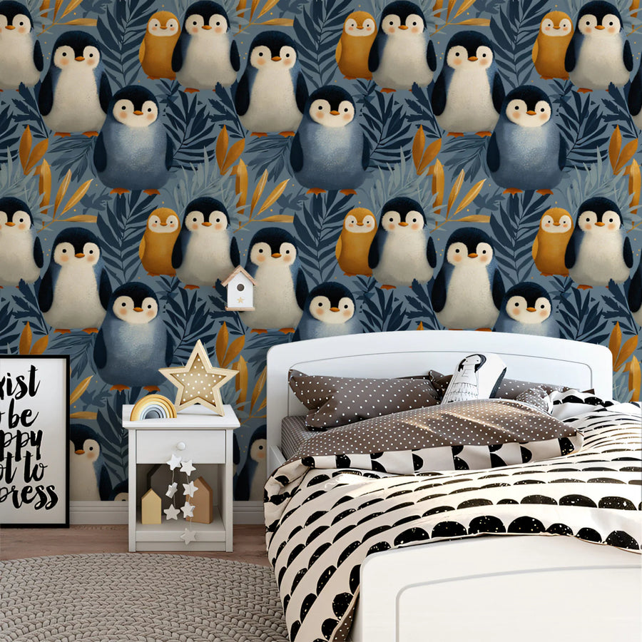 Penguin Family Illustration Mural Wallpaper — Whimsical Nature Scene Mural Wallpaper