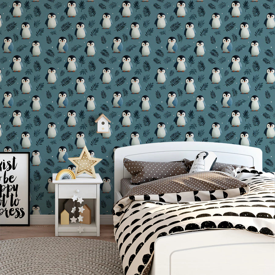 Baby Penguin Mural Wallpaper — Whimsical Nordic Pattern Mural Wallpaper