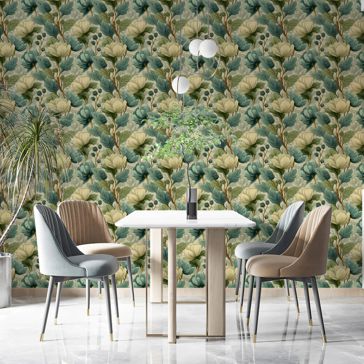 Vintage Botanical Floral Mural Wallpaper in Dusty Teal and Cream Mural Wallpaper - pure wallpaper artwork