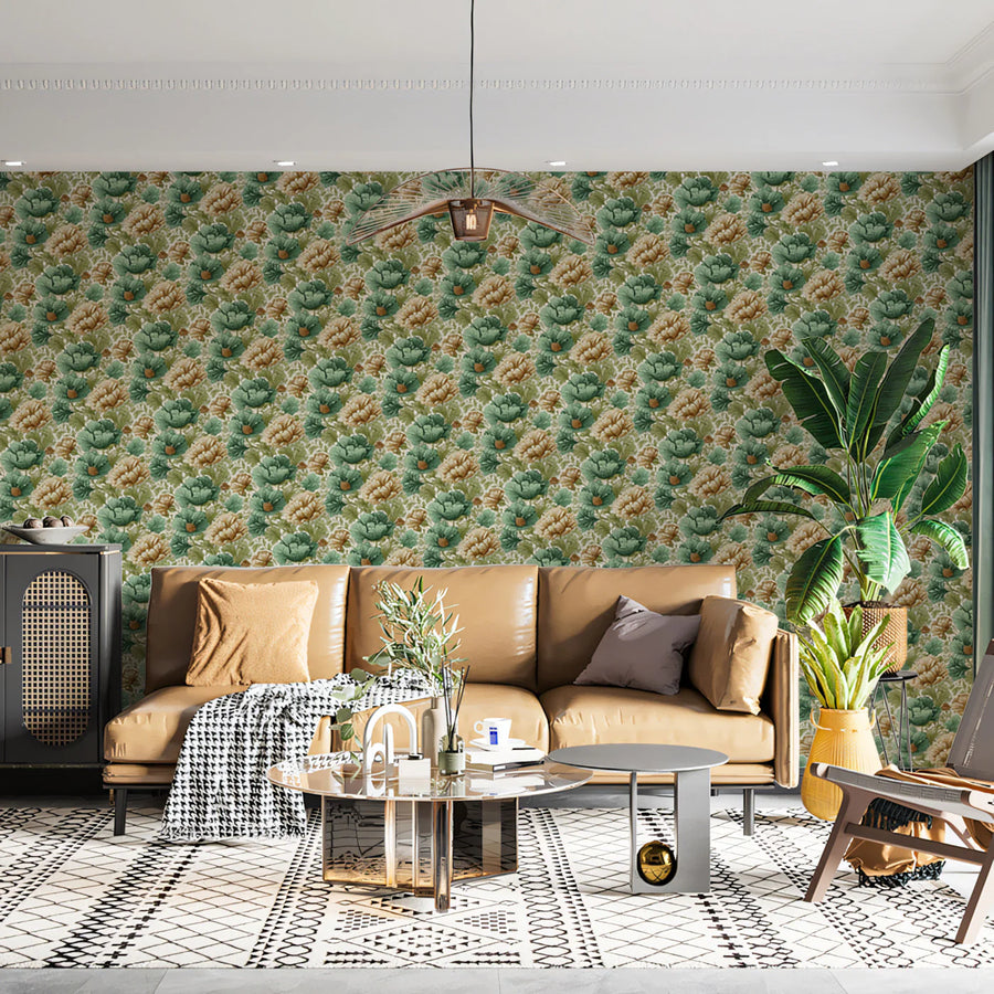Vintage Botanical Floral Mural Wallpaper —Sage and Ochre Mural Wallpaper