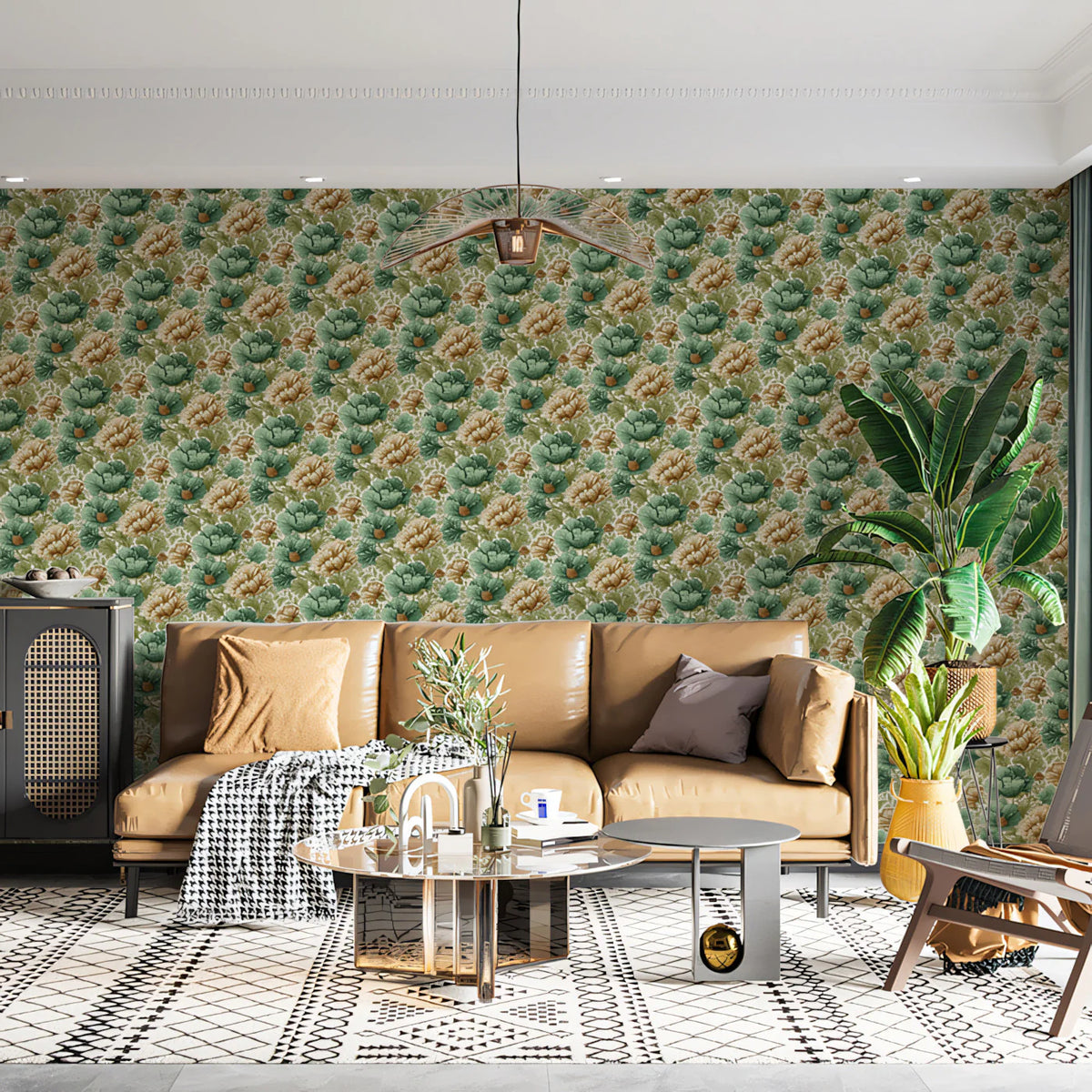 Vintage Botanical Floral Mural Wallpaper —Sage and Ochre Mural Wallpaper - pure wallpaper artwork