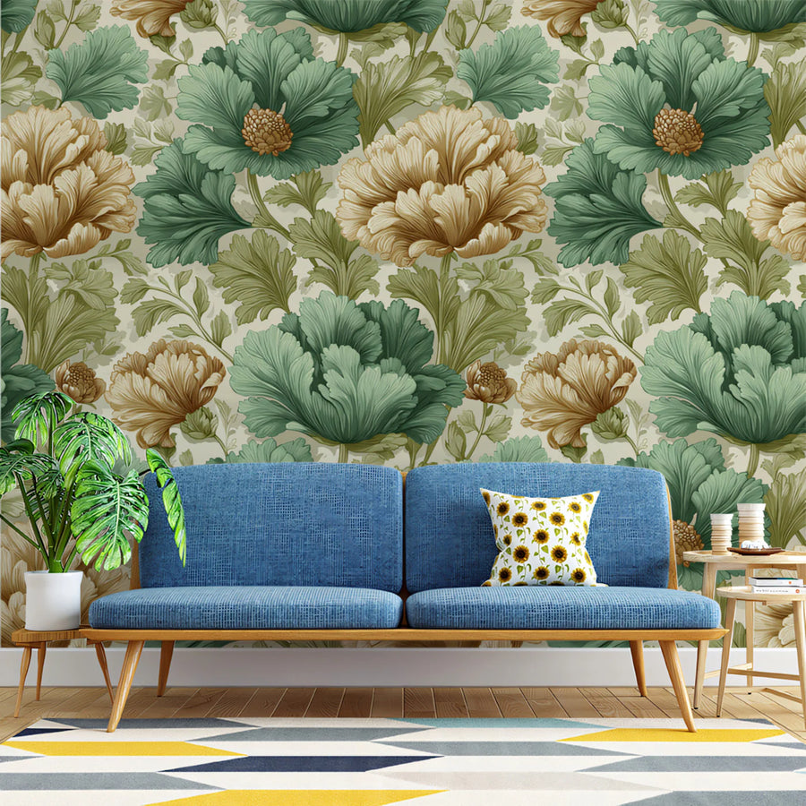 Vintage Peony Botanical Mural Wallpaper — Sage and Ochre Mural Wallpaper