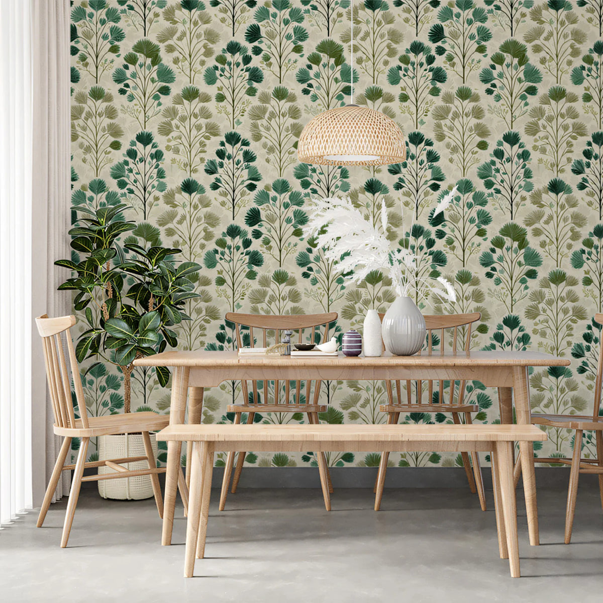 Stylized Botanical Mural Wallpaper — Green and Beige Leaf Pattern Mural Wallpaper - pure wallpaper artwork