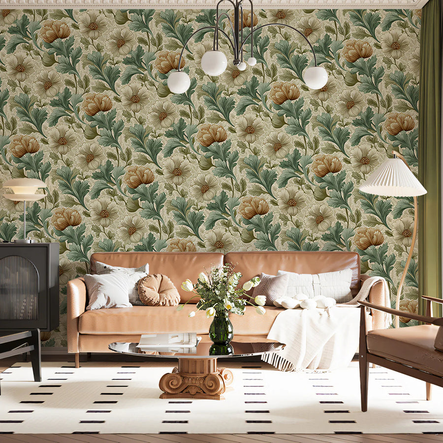 Vintage Botanical Floral Mural Wallpaper — Sage and Ochre Print Mural Wallpaper
