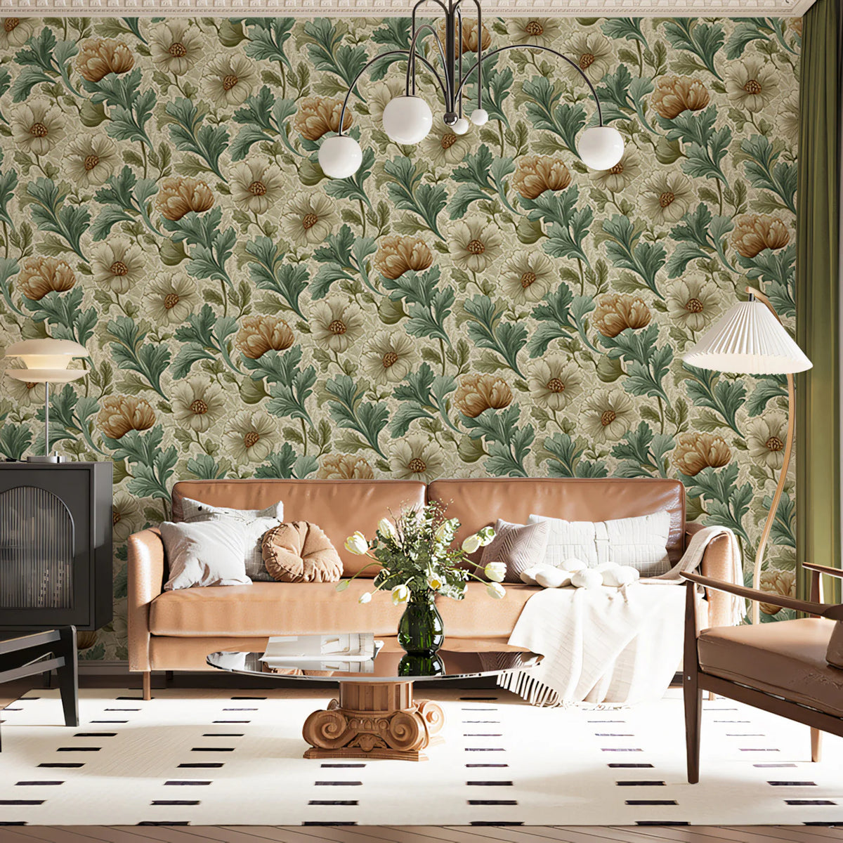 Vintage Botanical Floral Mural Wallpaper — Sage and Ochre Print Mural Wallpaper - pure wallpaper artwork