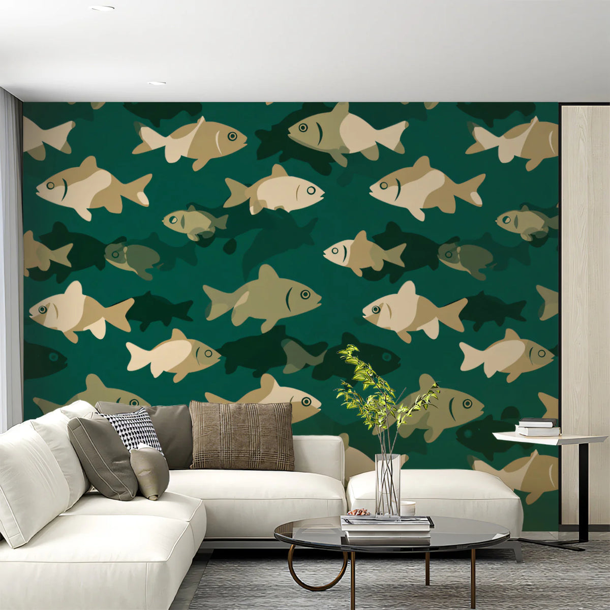 Stylized Fish Pattern Mural Wallpaper — Modern Deep Teal Print Mural Wallpaper - pure wallpaper artwork