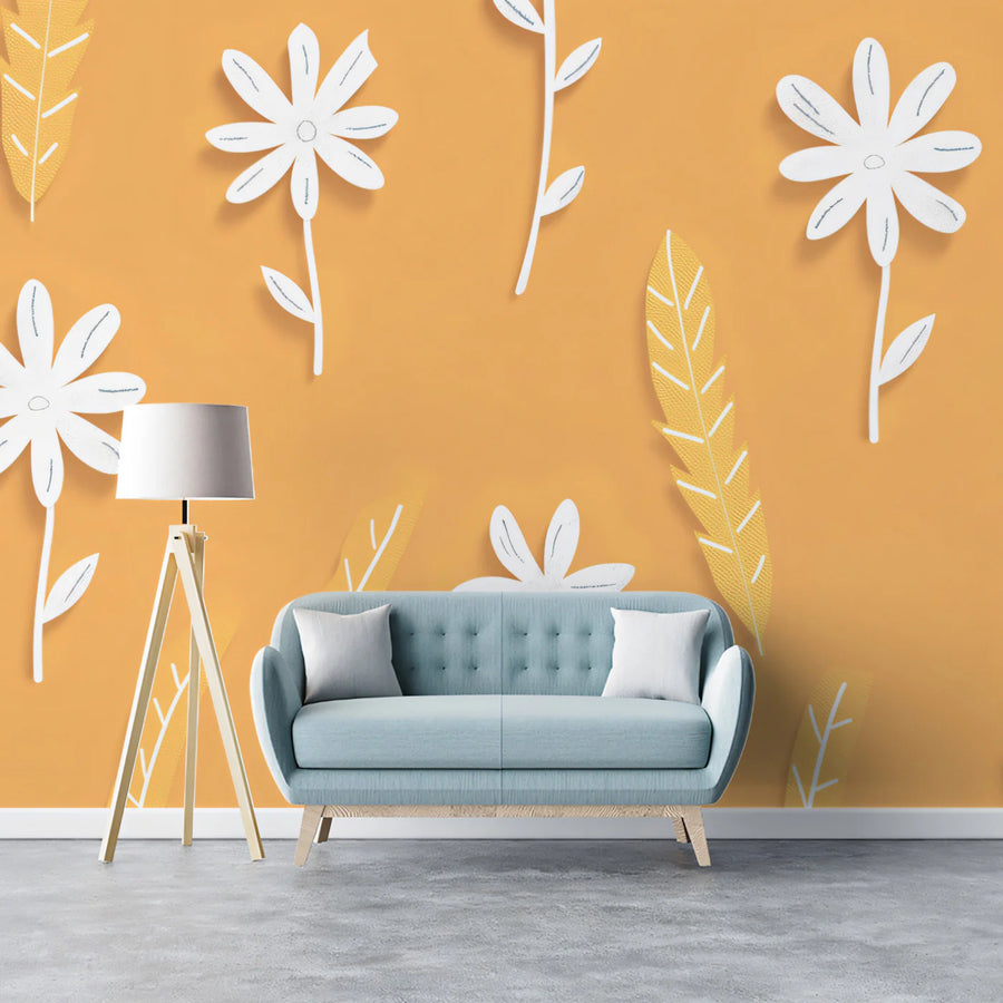 Modern Floral Mural Wallpaper Graphic Orange & White Print Mural Wallpaper